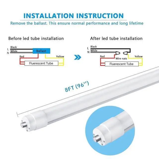 Alt view image 6 of 6 - T8 8FT LED Tube Light, 8 Foot T8 LED Tube Light Single Pin FA8 Base, Ballast Bypass 50W 6750LM, 6500K Cool White, Frosted Cover (Replace 150W LED Flourescent Bulbs) Dual-Ended Power AC100-277V 12PACK