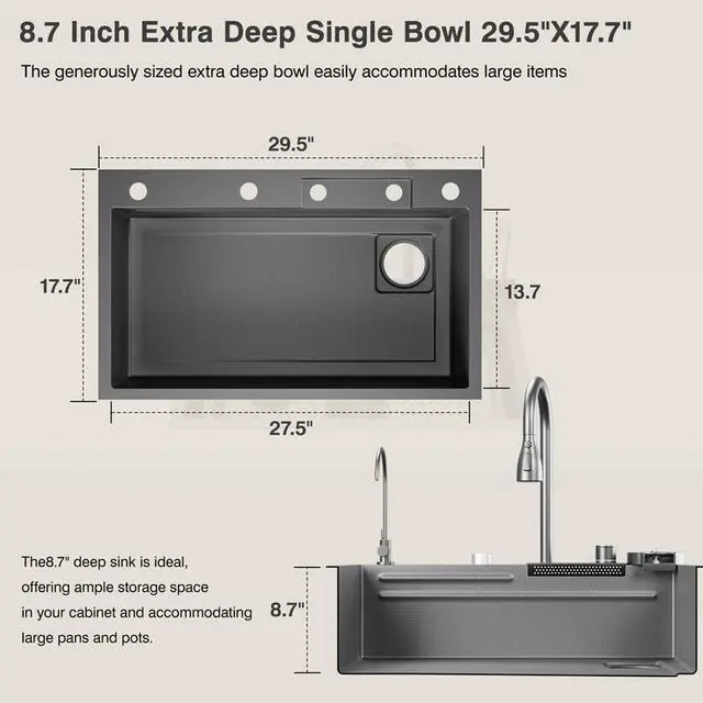 Alt view image 2 of 6 - Black Nano 304 Stainless Steel Kitchen Sink with LED Temperature Display - Single Bowl Drop-In Workstation Sink with Pull-Down Sprayer (29.5 x 17.7 inch)