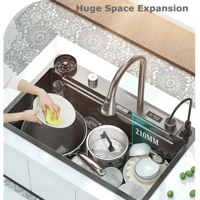 Alt view image 4 of 6 - Black Nano 304 Stainless Steel Kitchen Sink with LED Temperature Display - Single Bowl Drop-In Workstation Sink with Pull-Down Sprayer (29.5 x 17.7 inch)