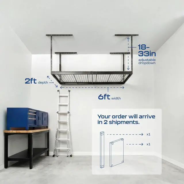 Alt view image 3 of 6 - MonsterRAX - 2x6 Overhead Storage Rack (Hammertone, 18"-33" Ceiling Drop Down)