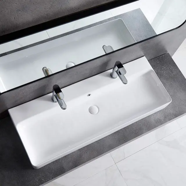 Main image of Wall Mounted Bathroom Sink 43" X 16.5", Ceramic Countertop Vessel Sinks, Modern Floating Rectangular Large Trough, Vitreous Porcelain Vanity Art Basin with Overflow, Wall Hang Washbasin