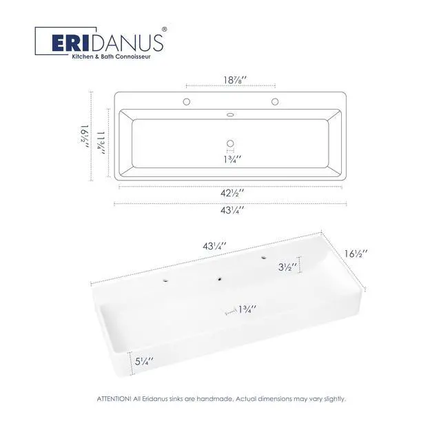 Alt view image 2 of 6 - Wall Mounted Bathroom Sink 43" X 16.5", Ceramic Countertop Vessel Sinks, Modern Floating Rectangular Large Trough, Vitreous Porcelain Vanity Art Basin with Overflow, Wall Hang Washbasin