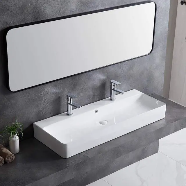 Alt view image 3 of 6 - Wall Mounted Bathroom Sink 43" X 16.5", Ceramic Countertop Vessel Sinks, Modern Floating Rectangular Large Trough, Vitreous Porcelain Vanity Art Basin with Overflow, Wall Hang Washbasin
