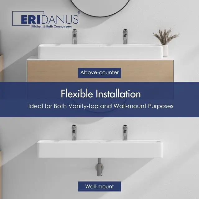 Alt view image 4 of 6 - Wall Mounted Bathroom Sink 43" X 16.5", Ceramic Countertop Vessel Sinks, Modern Floating Rectangular Large Trough, Vitreous Porcelain Vanity Art Basin with Overflow, Wall Hang Washbasin