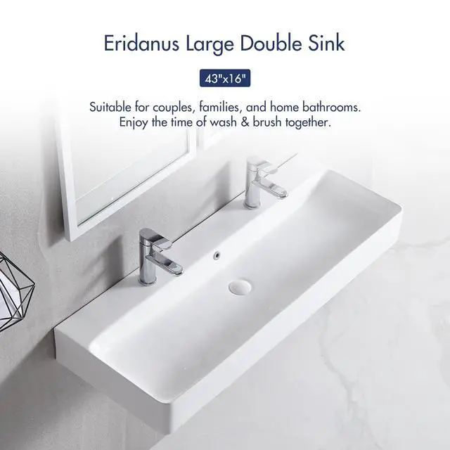 Alt view image 6 of 6 - Wall Mounted Bathroom Sink 43" X 16.5", Ceramic Countertop Vessel Sinks, Modern Floating Rectangular Large Trough, Vitreous Porcelain Vanity Art Basin with Overflow, Wall Hang Washbasin