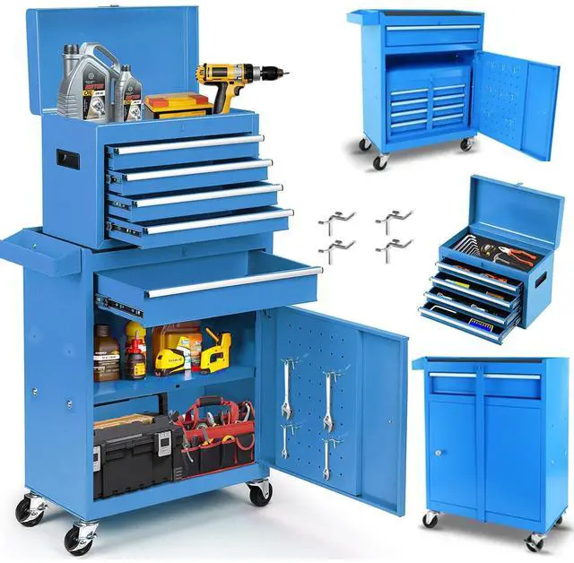 Main image of 5-Drawer Rolling Tool Chest, Detachable Top Tool Box, Lockable Metal Tool Cabinet with Wheels, Adjustable Shelf and Liner for Garage Workshop Storage, Blue