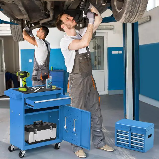 Alt view image 2 of 6 - 5-Drawer Rolling Tool Chest, Detachable Top Tool Box, Lockable Metal Tool Cabinet with Wheels, Adjustable Shelf and Liner for Garage Workshop Storage, Blue