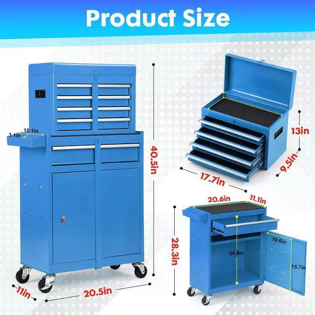 Alt view image 3 of 6 - 5-Drawer Rolling Tool Chest, Detachable Top Tool Box, Lockable Metal Tool Cabinet with Wheels, Adjustable Shelf and Liner for Garage Workshop Storage, Blue
