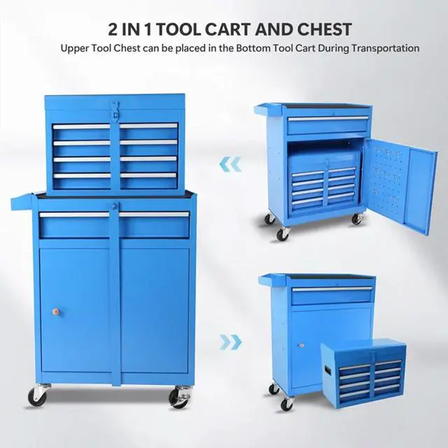 Alt view image 4 of 6 - 5-Drawer Rolling Tool Chest, Detachable Top Tool Box, Lockable Metal Tool Cabinet with Wheels, Adjustable Shelf and Liner for Garage Workshop Storage, Blue