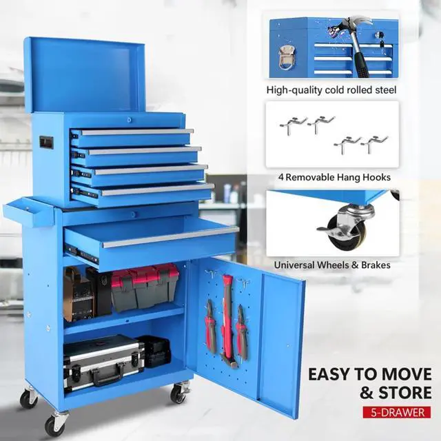 Alt view image 5 of 6 - 5-Drawer Rolling Tool Chest, Detachable Top Tool Box, Lockable Metal Tool Cabinet with Wheels, Adjustable Shelf and Liner for Garage Workshop Storage, Blue