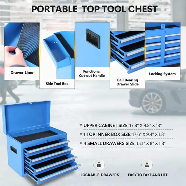 Alt view image 6 of 6 - 5-Drawer Rolling Tool Chest, Detachable Top Tool Box, Lockable Metal Tool Cabinet with Wheels, Adjustable Shelf and Liner for Garage Workshop Storage, Blue