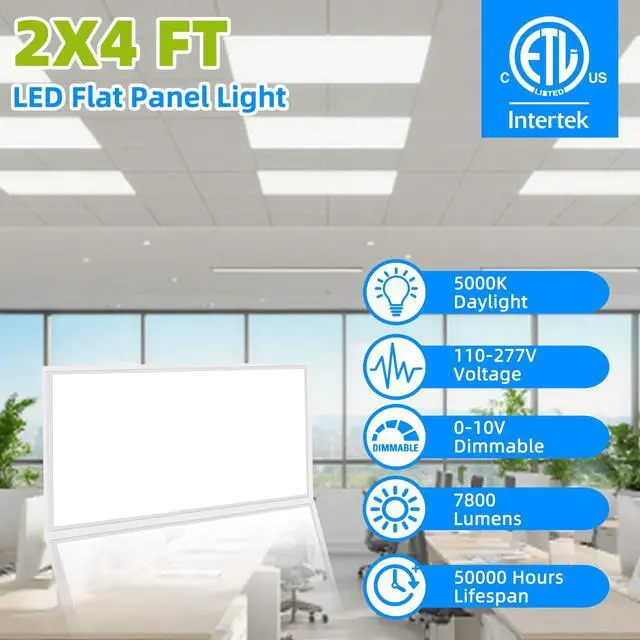 Alt view image 2 of 6 - 2x4 LED Flat Panel Light,2 Pack 7800 LM Drop Ceiling Office Light Fixture,5000K Commercial Lights,0-10V Dimmable, 2x4 Recessed Edge-Lit Troffer Fixture for Office Kitchen,ETL Listed