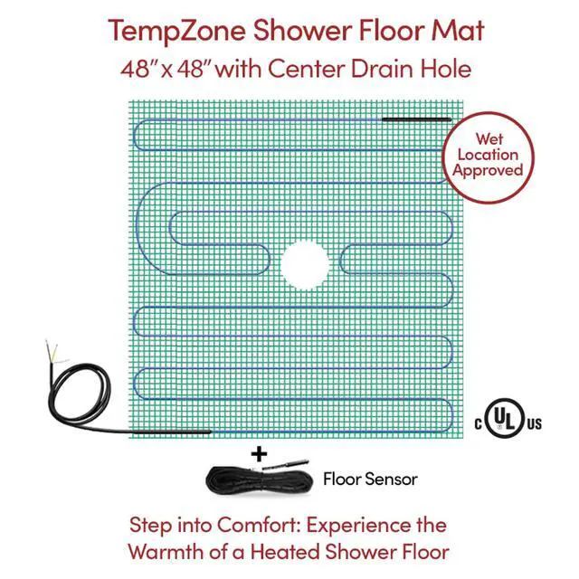 Alt view image 6 of 6 - Shower Floor Heating Mat 48 x 48 in., Electric Radiant Heating, Thin, Silent, and Invisible under Tile and Stone. Designed and Approved for Wet Locations (TempZone)