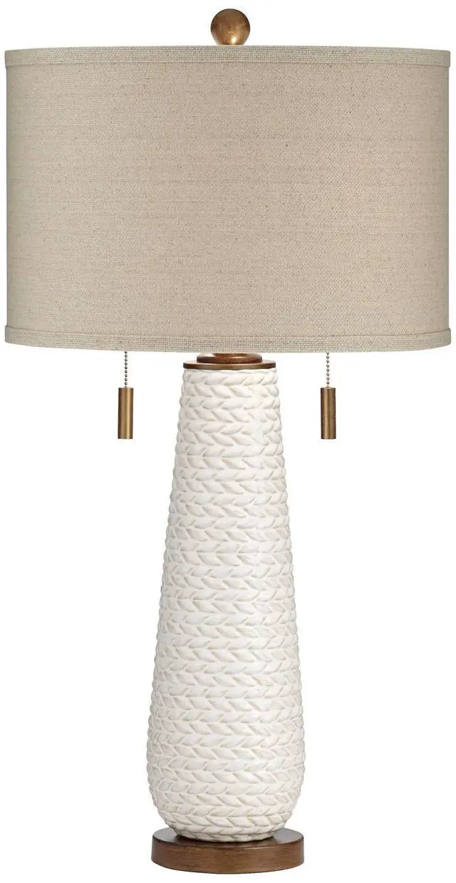 Alt view image 2 of 6 - Kingston Mid Century Modern Table Lamp 32 3/4" Tall White Grooved Patterned Ceramic Taupe Drum Shade for Bedroom Living Room House Bedside Nightstand Home Office Entryway Family
