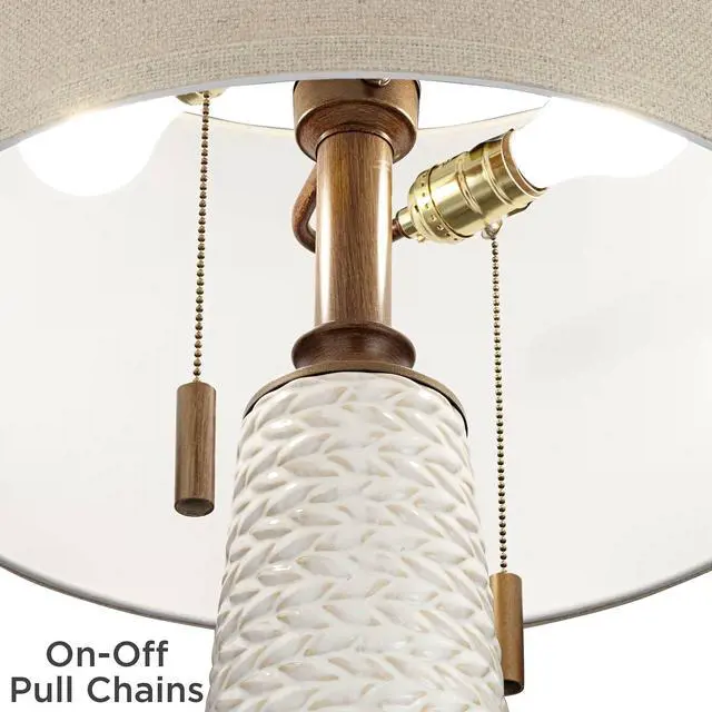 Alt view image 6 of 6 - Kingston Mid Century Modern Table Lamp 32 3/4" Tall White Grooved Patterned Ceramic Taupe Drum Shade for Bedroom Living Room House Bedside Nightstand Home Office Entryway Family