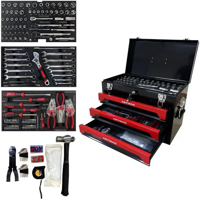 Main image of 439-Piece Mechanic Tool Set in Heavy-Duty 3-Drawer Steel Box with 4-Tier Socket, Wrenches & Pliers. Portable Household Tool Kit Organizer Case for Auto Repair, Garage, Workshop. Red