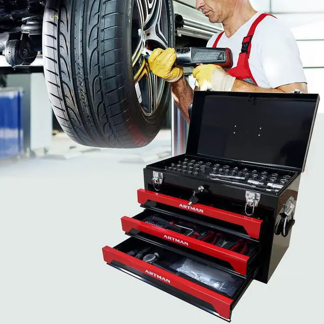 Alt view image 2 of 6 - 439-Piece Mechanic Tool Set in Heavy-Duty 3-Drawer Steel Box with 4-Tier Socket, Wrenches & Pliers. Portable Household Tool Kit Organizer Case for Auto Repair, Garage, Workshop. Red
