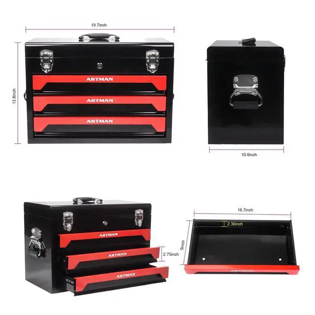 Alt view image 3 of 6 - 439-Piece Mechanic Tool Set in Heavy-Duty 3-Drawer Steel Box with 4-Tier Socket, Wrenches & Pliers. Portable Household Tool Kit Organizer Case for Auto Repair, Garage, Workshop. Red