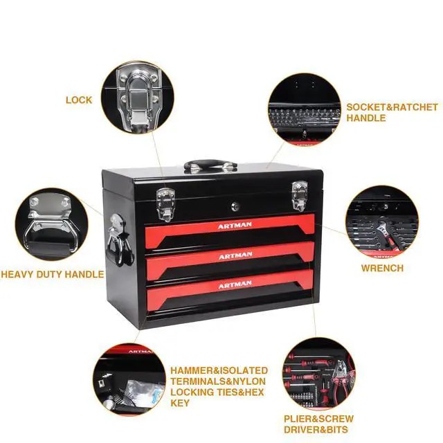 Alt view image 4 of 6 - 439-Piece Mechanic Tool Set in Heavy-Duty 3-Drawer Steel Box with 4-Tier Socket, Wrenches & Pliers. Portable Household Tool Kit Organizer Case for Auto Repair, Garage, Workshop. Red