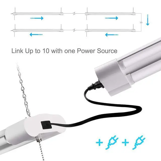 Alt view image 3 of 5 - 40w LED 4800 Lumen Double Tubes Utility Shop Light 5000K Daylight UL 100w Equivalent Pull on/Off Switch. Garage, Warehouse, Workshop Linkable to 10 (6 Pack)