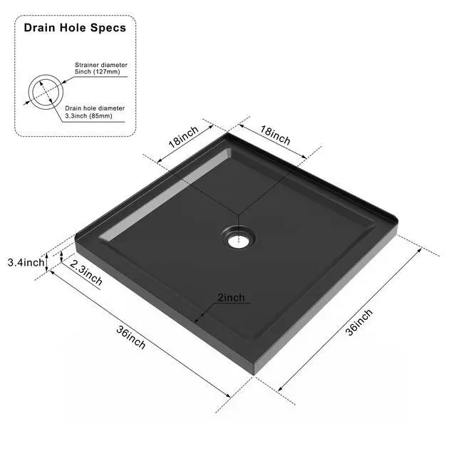 Alt view image 2 of 6 - 36x36-inch Non-Slip Acrylic Shower Base Double-Threshold Shower Pan with Central Drain Does Not Include Drain Pipe Matte Black (Black, 36"x36")