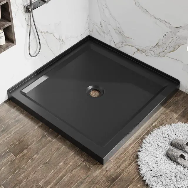 Alt view image 3 of 6 - 36x36-inch Non-Slip Acrylic Shower Base Double-Threshold Shower Pan with Central Drain Does Not Include Drain Pipe Matte Black (Black, 36"x36")