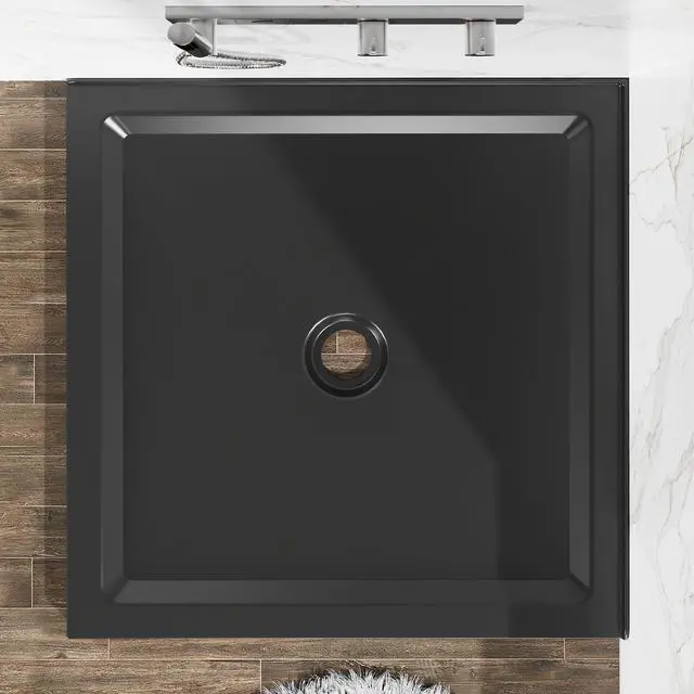 Alt view image 4 of 6 - 36x36-inch Non-Slip Acrylic Shower Base Double-Threshold Shower Pan with Central Drain Does Not Include Drain Pipe Matte Black (Black, 36"x36")