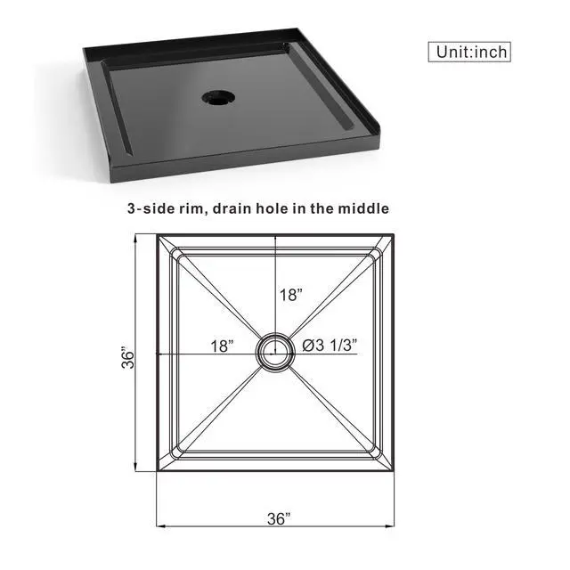 Alt view image 2 of 5 - 36x36 Inch Square Shower Pan, 3.5" Height Anti-Slip Acrylic Base, Center Drain, Single Threshold Shower Basin in Black,Without Downpipe(Black, 36 * 36")