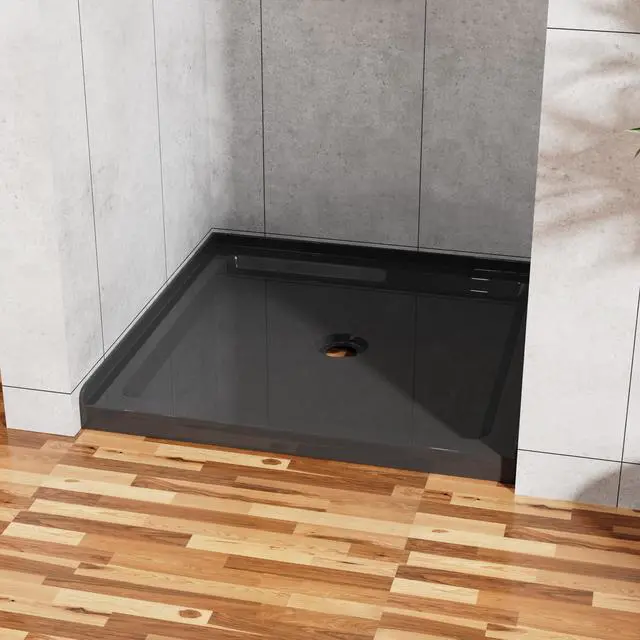 Alt view image 4 of 5 - 36x36 Inch Square Shower Pan, 3.5" Height Anti-Slip Acrylic Base, Center Drain, Single Threshold Shower Basin in Black,Without Downpipe(Black, 36 * 36")
