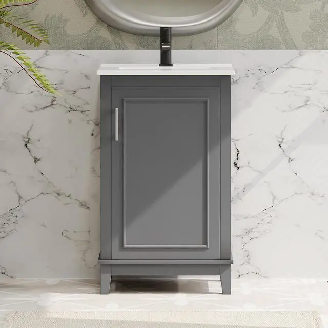 Main image of 20" Bathroom Vanity with Sink Combo, Modern Single Bathroom Vanity with Storage on Door for Small Space, Wood Bathroom Cabinet with Undermount Ceramic Sink, Grey