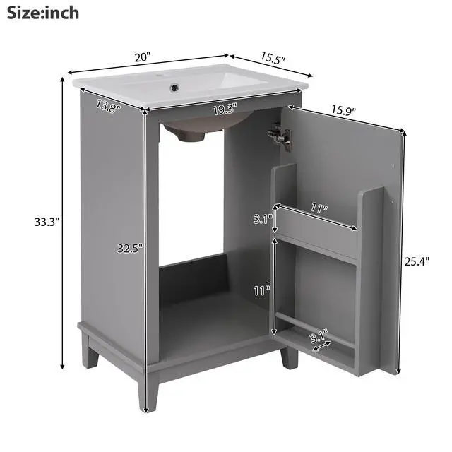 Alt view image 2 of 6 - 20" Bathroom Vanity with Sink Combo, Modern Single Bathroom Vanity with Storage on Door for Small Space, Wood Bathroom Cabinet with Undermount Ceramic Sink, Grey