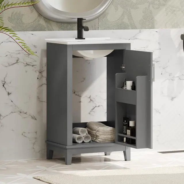 Alt view image 3 of 6 - 20" Bathroom Vanity with Sink Combo, Modern Single Bathroom Vanity with Storage on Door for Small Space, Wood Bathroom Cabinet with Undermount Ceramic Sink, Grey