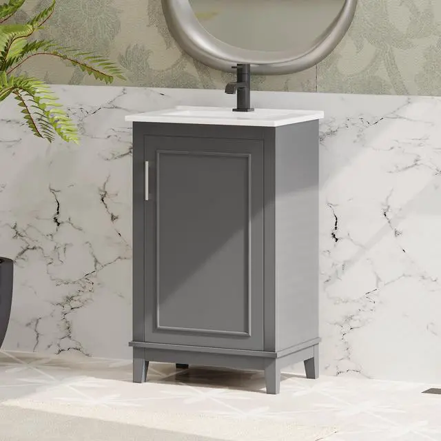 Alt view image 4 of 6 - 20" Bathroom Vanity with Sink Combo, Modern Single Bathroom Vanity with Storage on Door for Small Space, Wood Bathroom Cabinet with Undermount Ceramic Sink, Grey