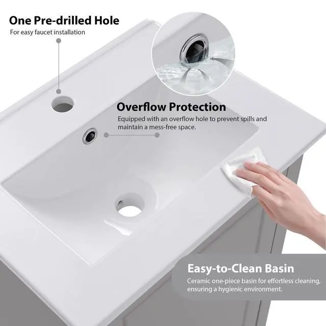 Alt view image 5 of 6 - 20" Bathroom Vanity with Sink Combo, Modern Single Bathroom Vanity with Storage on Door for Small Space, Wood Bathroom Cabinet with Undermount Ceramic Sink, Grey