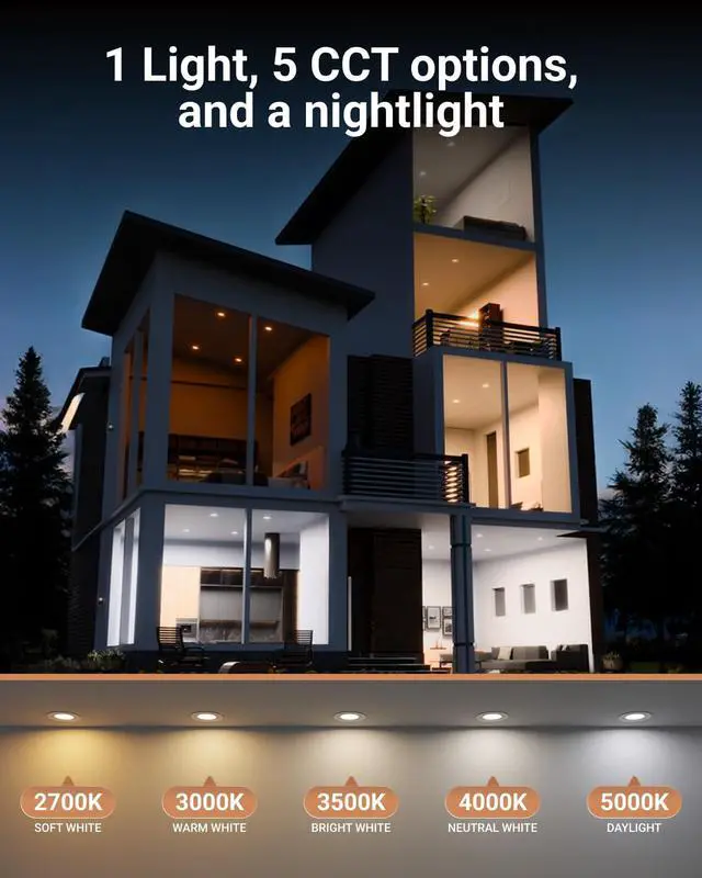 Alt view image 6 of 6 - Sunco 6 Inch Gimbal LED Recessed Light, Eyeball Directional Canless Downlight with Night Light, 1400 Lumens, Selectable CCT 2700K/3000K/4000K/5000K/6000K, Dimmable, 12W=80W ETL 24 Pack
