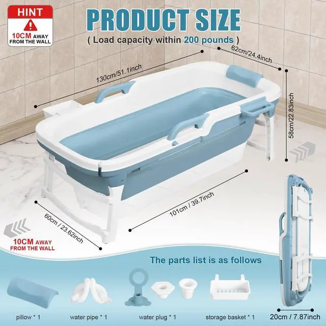 Alt view image 2 of 6 - Portable Bathtub, 58/56/50/46 Inch Collapsible Bathtub, Freestanding Foldable for Adults, Folding Tub for Shower, Hot Bath, Ice Bath (Blue-D-130cm)