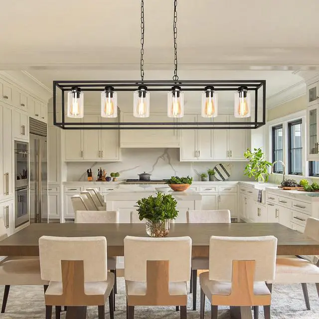 Alt view image 2 of 6 - Dining Room Light Fixture/Chandelier Over Table, 6-Light Black Chandeliers for Dining Room, Modern Kitchen Island Lighting Light Fixtures, Farmhouse Pendant Lights Kitchen Island with Glass Cover
