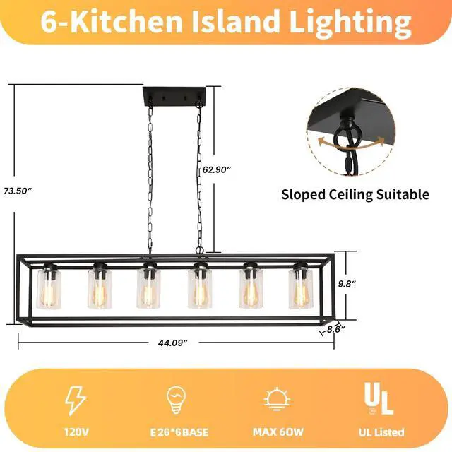 Alt view image 3 of 6 - Dining Room Light Fixture/Chandelier Over Table, 6-Light Black Chandeliers for Dining Room, Modern Kitchen Island Lighting Light Fixtures, Farmhouse Pendant Lights Kitchen Island with Glass Cover