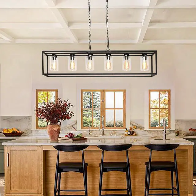 Alt view image 6 of 6 - Dining Room Light Fixture/Chandelier Over Table, 6-Light Black Chandeliers for Dining Room, Modern Kitchen Island Lighting Light Fixtures, Farmhouse Pendant Lights Kitchen Island with Glass Cover