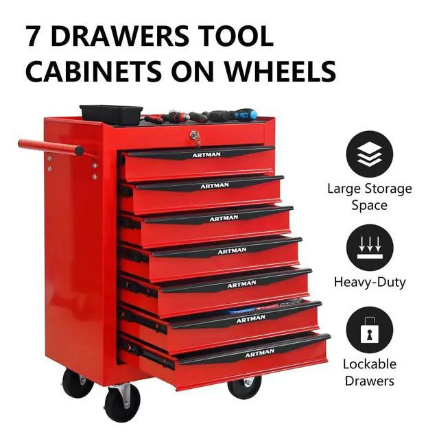 Alt view image 2 of 6 - Rolling Metal Tool Chest with 7 Drawers, 20" 7-Drawer Tool Chest Cabinet with Ball Bearing Drawer Slides, Steel Tool Storage Box Organizer -Red&Black