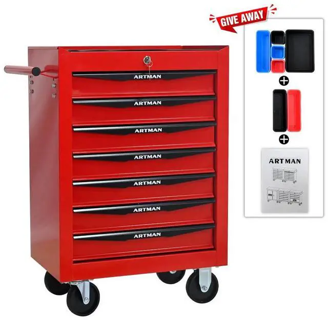 Alt view image 3 of 6 - Rolling Metal Tool Chest with 7 Drawers, 20" 7-Drawer Tool Chest Cabinet with Ball Bearing Drawer Slides, Steel Tool Storage Box Organizer -Red&Black