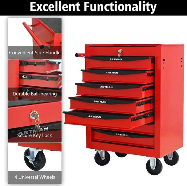Alt view image 4 of 6 - Rolling Metal Tool Chest with 7 Drawers, 20" 7-Drawer Tool Chest Cabinet with Ball Bearing Drawer Slides, Steel Tool Storage Box Organizer -Red&Black