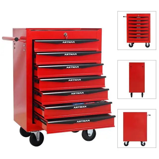 Alt view image 5 of 6 - Rolling Metal Tool Chest with 7 Drawers, 20" 7-Drawer Tool Chest Cabinet with Ball Bearing Drawer Slides, Steel Tool Storage Box Organizer -Red&Black