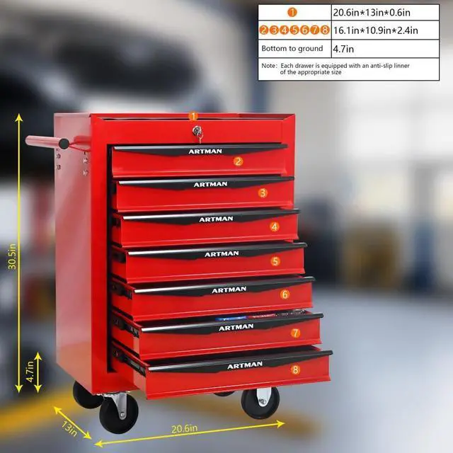Alt view image 6 of 6 - Rolling Metal Tool Chest with 7 Drawers, 20" 7-Drawer Tool Chest Cabinet with Ball Bearing Drawer Slides, Steel Tool Storage Box Organizer -Red&Black