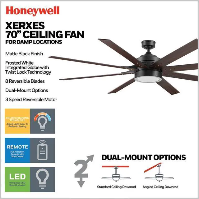 Alt view image 2 of 6 - Ceiling Fans Xerxes, 70 Inch Modern Indoor Outdoor Ceiling Fan with Lights and Remote Control, Color Changing LED, 8 Dual Finish Blades, Reversible Motor - 51905-01 (Black)