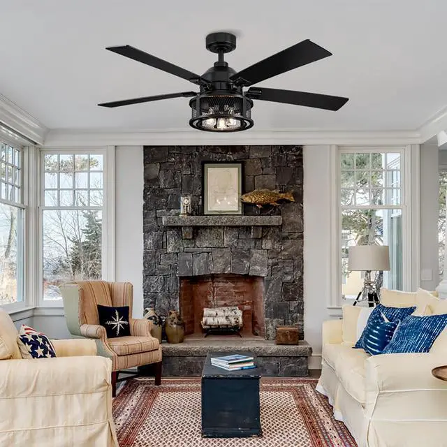 Alt view image 2 of 6 - Ceiling Fans with Lights and Remote 52 Inch Farmhouse Rustic Ceiling Fan for Bedroom Living Room Black Chandelier Ceiling Fan with E12 Socket, 3 Speeds, Reversible 5 Blades, Timer, Ventilador de Techo