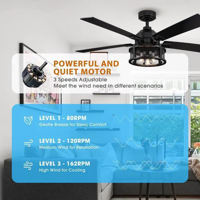 Alt view image 3 of 6 - Ceiling Fans with Lights and Remote 52 Inch Farmhouse Rustic Ceiling Fan for Bedroom Living Room Black Chandelier Ceiling Fan with E12 Socket, 3 Speeds, Reversible 5 Blades, Timer, Ventilador de Techo