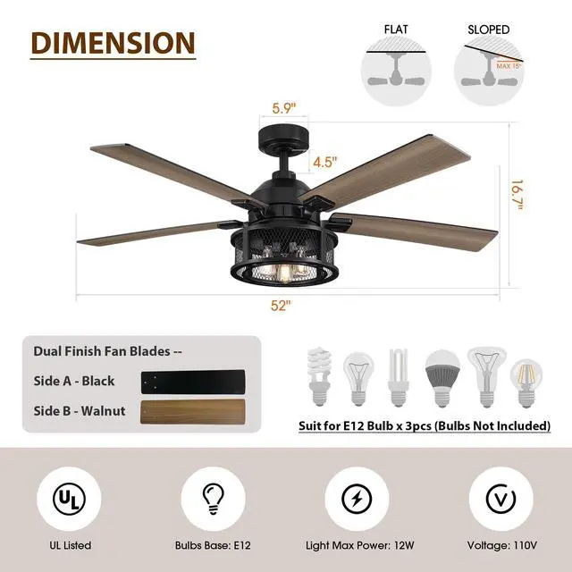 Alt view image 6 of 6 - Ceiling Fans with Lights and Remote 52 Inch Farmhouse Rustic Ceiling Fan for Bedroom Living Room Black Chandelier Ceiling Fan with E12 Socket, 3 Speeds, Reversible 5 Blades, Timer, Ventilador de Techo