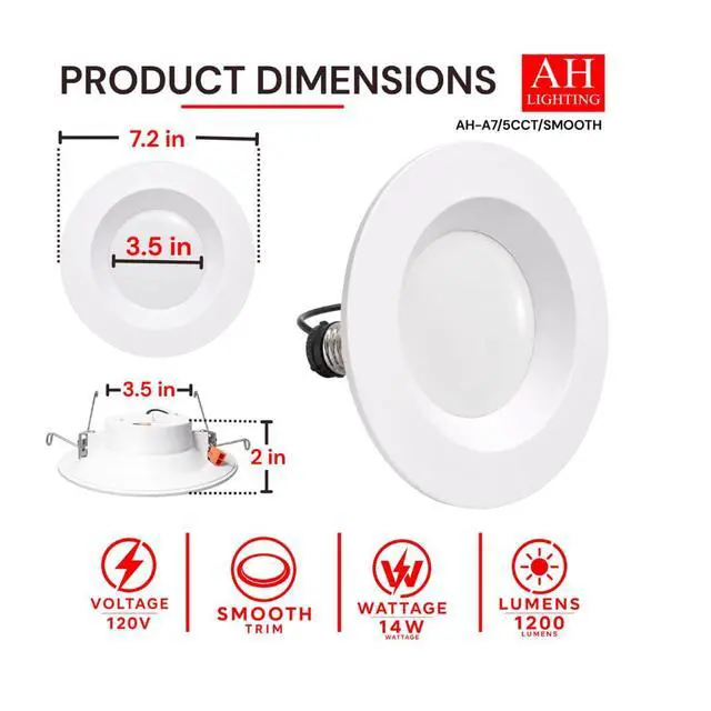 Alt view image 4 of 6 - Smooth Reflector Trim Retrofit Kit, 6 Inch Dimmable LED 5CCT 2700K 3000K 3500K 4000K 5000K Downlight Recessed Lighting, 14 Watt, 1200 Lumens, Round Panel, ES Qualified, UL Listed (12)