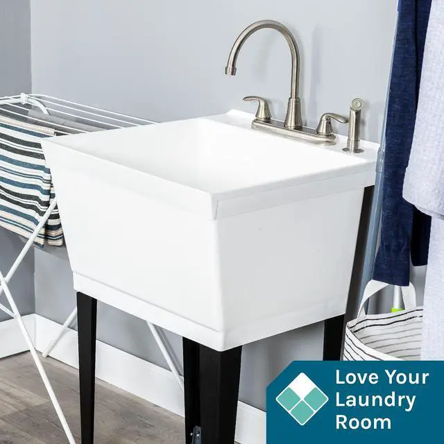 Alt view image 3 of 6 - Utility Sink Laundry Tub with Gooseneck Faucet by, Heavy Duty Sinks for Basement, Laundry Room, Garage or Shop, Large Standing Wash Station (Stainless Steel Faucet)